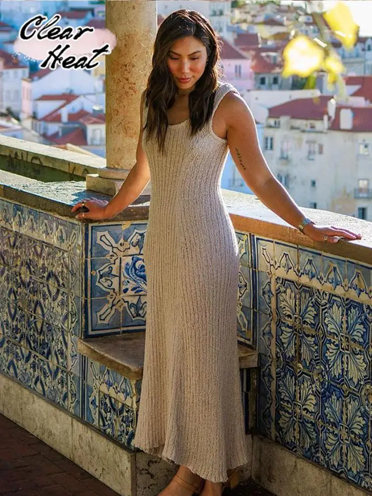 

Solid Sleeveless Knitted Midi Dress For Women Sexy V Neck Sleeveless Slim A Lien Vestidos Fashion Ladies Streetwear Robe 2023