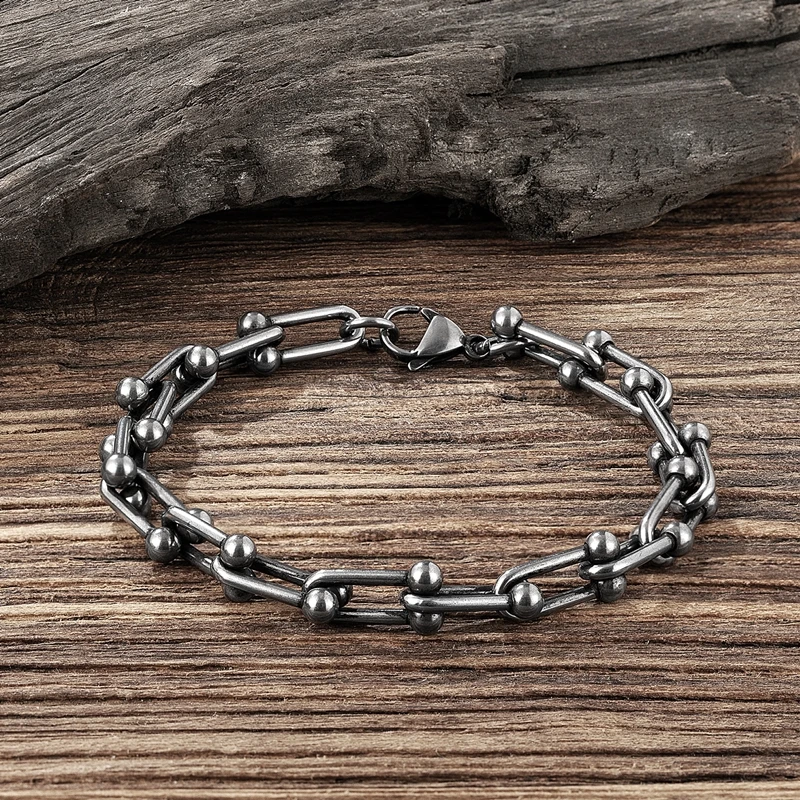 MKENDN Gothic U Shape Splicing Spherical Chain Bracelet for Women Men Steampunk Retro Black Stainless Steel Trendy Jewelry