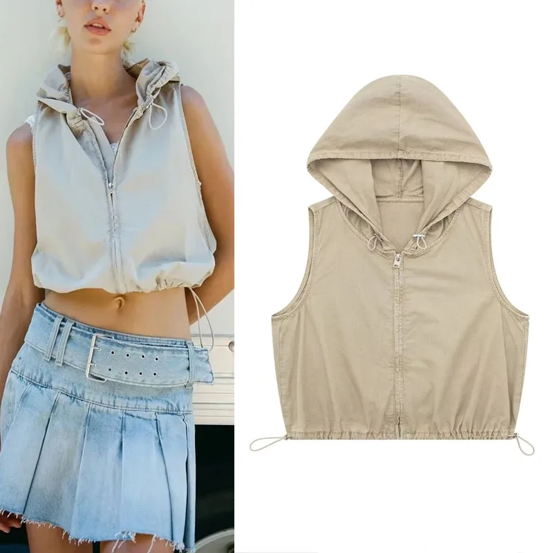

TRAF Technical Hooded Tops For Woman 2023 Vintage Metal Zip Adjustable Stopper Hood Jackets Female Sleeveless Vest Summer Coats