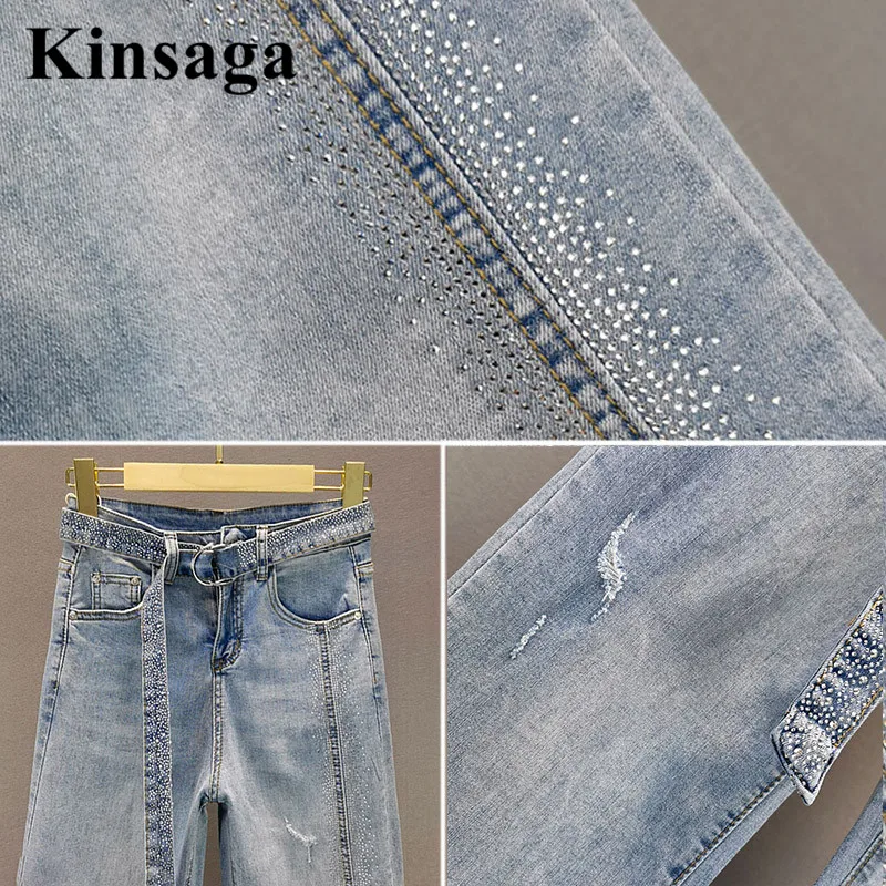 Harajuku Drilling Belt Jeans Mujur Boyfriend High Waist Wide Leg Baggy Straight Demin Pants Women Rhinestone Loose Fit Vaqueros