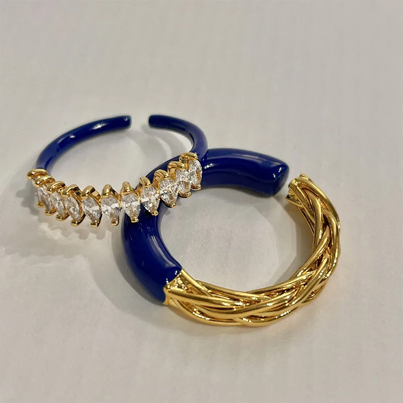 

2022 Luxurious Crystal Rhinestone Zircon Blue Epoxy Opening Adjustable Metal Textured Finger Ring For Women Jewelry Accessories