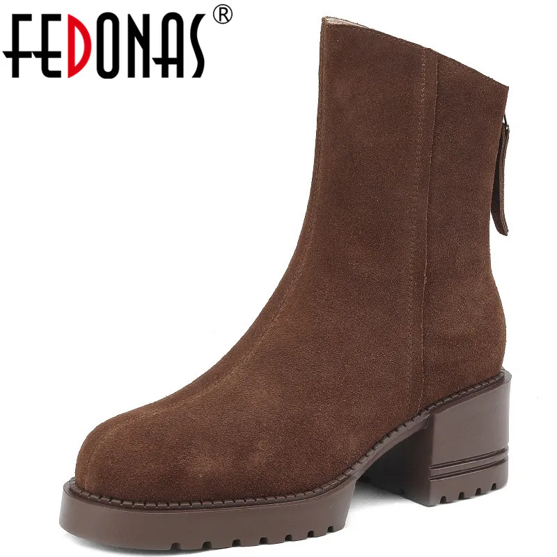 

FEDONAS Brand Women Ankle Boots Autumn Winter Mature Concise Office Ladies Platforms Thick Heels Cow Suede Leather Shoes Woman