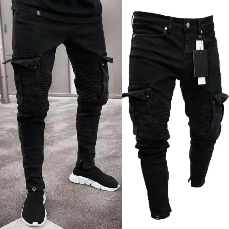 

Men Biker Ripped Long Denim Trousers Skinny Jeans Pants Destroyed Stretchy-Black Pants