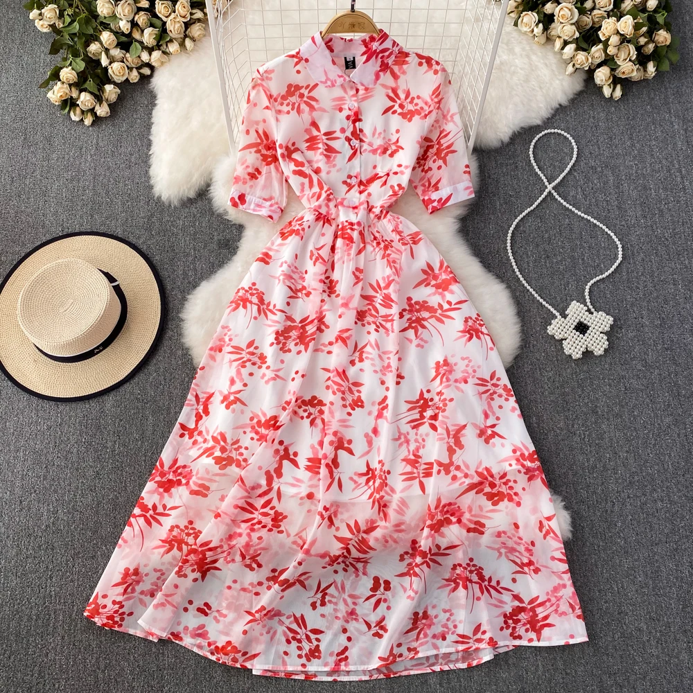 

Summer Light Mature Wind Short-sleeved Lapel Waist Skinny Medium-length Section a Word Printed Dress