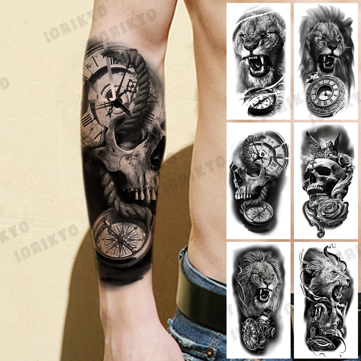 

3D Skull Compass Temporary Tattoos For Men Adult Lion Angel Warrior Fake Tattoo Realistic Waterproof Half Sleeve Tatoos Sticker