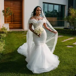 White Off Shoulder Wedding Dress Lace Pearls Beads Mermaid Tiered Ruffles Robe De Soiree Turkish Couture Dubai 2022