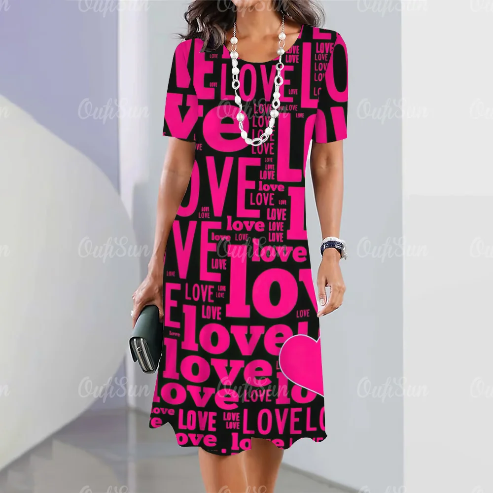 

Summer Women's Dresses Valentine's Day Printed Casual Seven Y2k Dresses Holiday O Neck Dresses Women's Plus Size Partywear