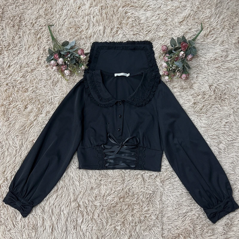 

Милая блузка с бантом и длинным рукавом, милая японская рубашка с матросским воротником в Стиле Лолита, Женская милая облегающая бандажная короткая рубашка для девушек, осень-весна