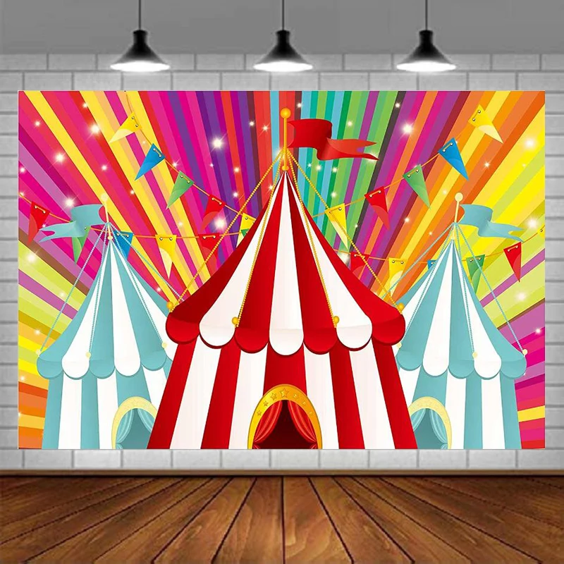 

Circus Tent Photography Backdrop Carnival Birthday Baby Shower Theme Party Kids Cake Table Decor Watercolor Colorful Background