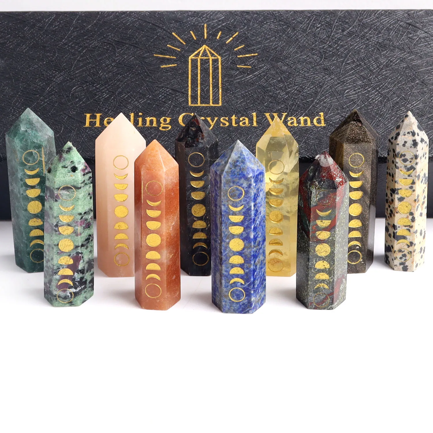 

10pcs/set Natural Crystal Wand Point Carved Moon Phase Mineral Meditation Healing Crystals Stones Jewelry Home Decor Diy Gift