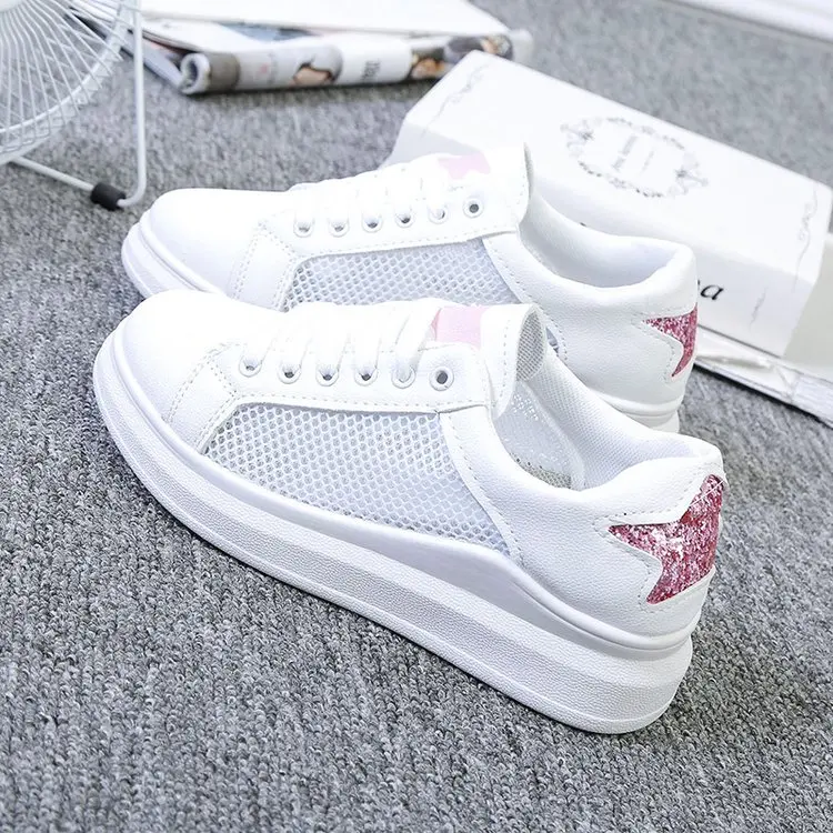 Ladies Casual Summer Sneakers 2022 Ladies Spring Flat Shoes Fashion Breathable Lace Up White Sports Vulcanized Shoes