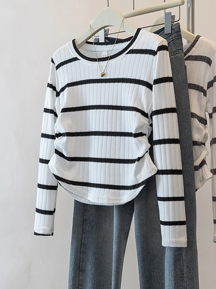 Вязаный женский топ в полоску с длинными рукавами больших размеров осень и зима