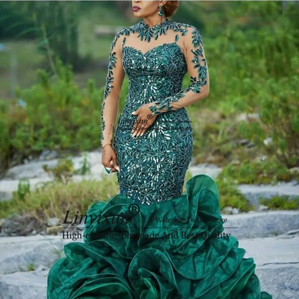 

Abendkleider Hunter Green Evening Dress Organza Applique Long Formal Prom Dress Sequins Sheer Neckline robe de soiree abiye