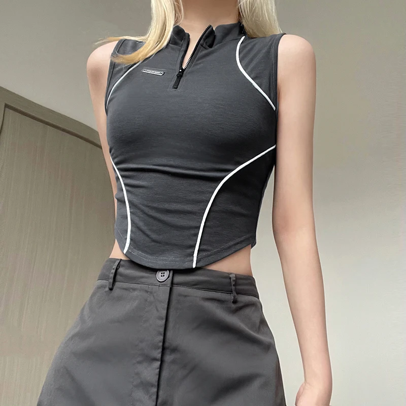 Gothic Sexy Slim Women Short Sleeve Y2K Fashion Streetwear Zipper Turn Down Collar Tops Vintage Stripe All Match Sports T Shirts