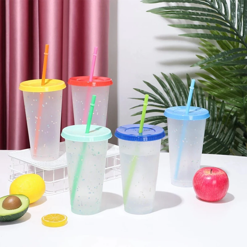 

5Pcs 700Ml Color Changing Cup PP Eco-Friendly Durable Confetti Reusable Plastic Tumbler with Lid