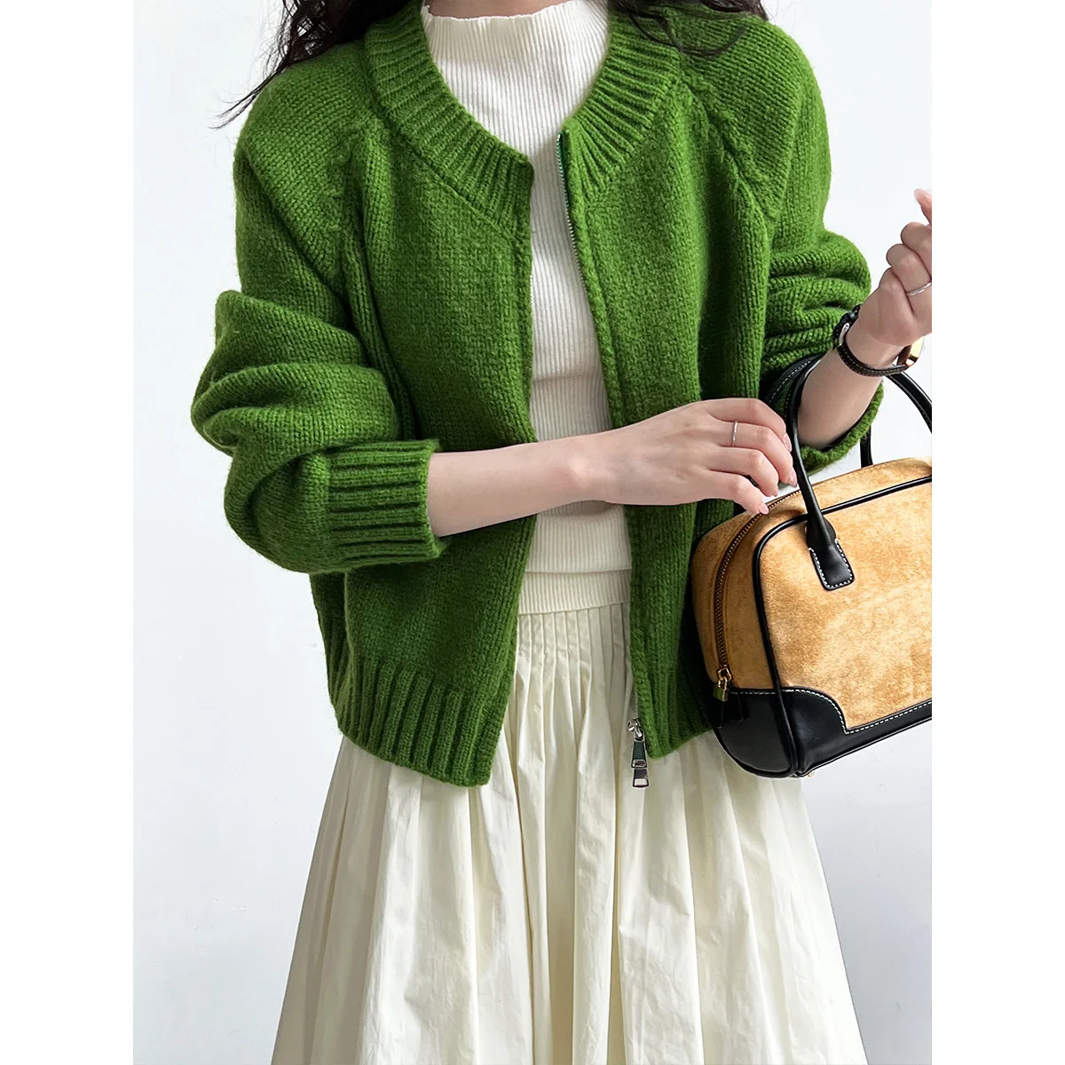 

Women's 2023 Autumn Crew Neck Knitted Cardigan Green Gray Beige Double Zipper Sweater Coat