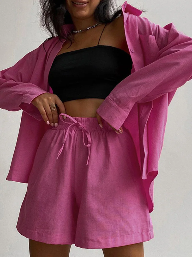 

2022 Women Spring Summer Solid Casual Shorts Sets Outfits Loose Fit Blouse Suit 2 Two Piece Set For Women