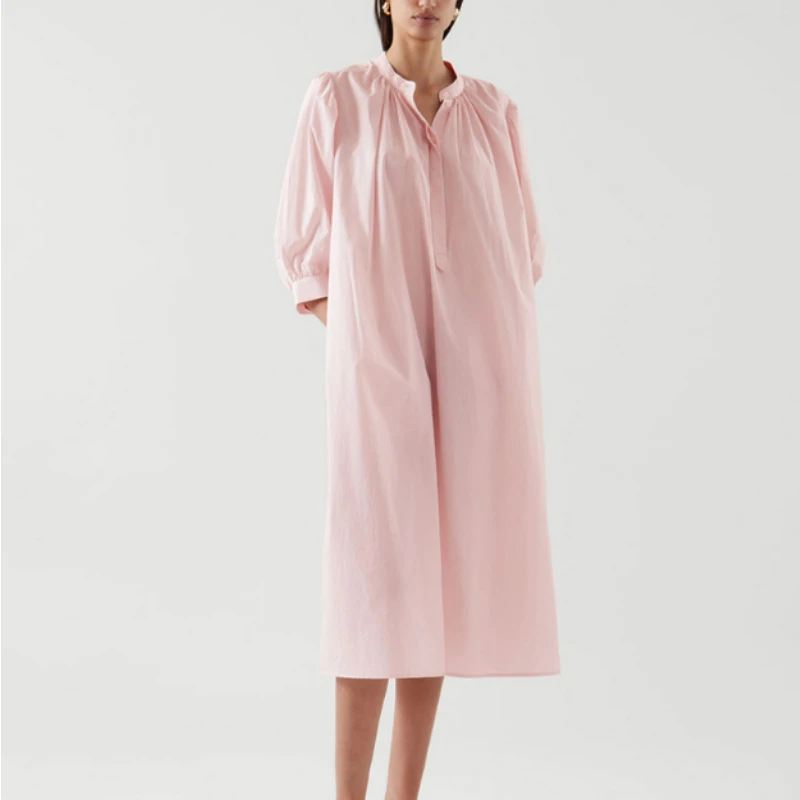 

2022 Early Autumn New Women's Pure Cotton O-neck Midi Dress Puff Sleeves Ladies Simple Casual Loose Lace-up Robe Petticoat