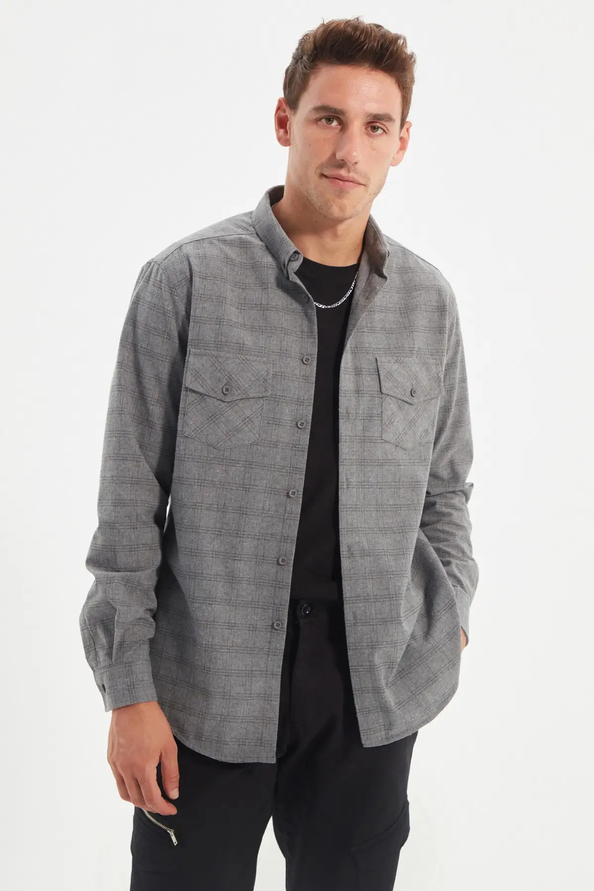 

Trendyol Men 'S Regular Fit Buttoned Collar Double Pocket Cap Long-Sleeve Lumberjack Plaid Shirt TMNAW22GO0718
