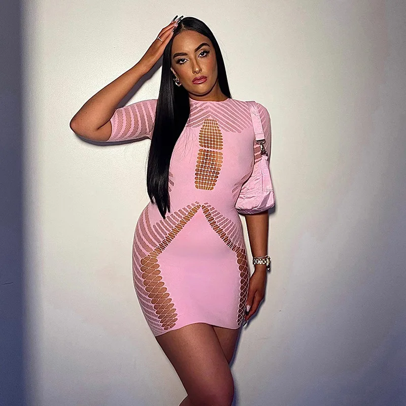 

Y2K Summer Beach Dress For Women 2022 Sexy Hollow Out Knit Perspective Prom Party Short Sleeve Pink Mini Dresses Woman Clothes