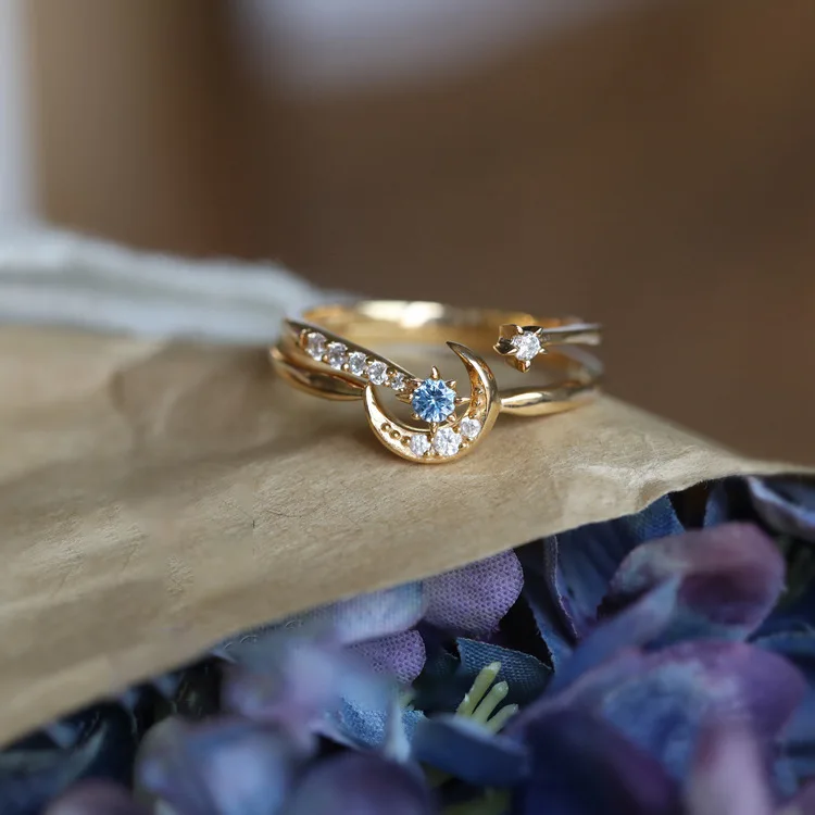 

Luxury Exquisite Star Moon Rings White Blue Zircon Engagement Wedding Ring Set for Women Charm Jewelry Gifts