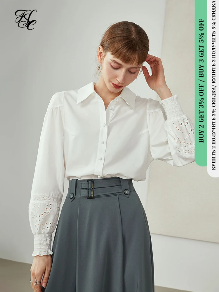 

FSLE Women's White Shirt Lantern Sleeve Shirt Hollow Printed Sleeves Design Niche Tops Long Sleeve Blouse Womens Tops