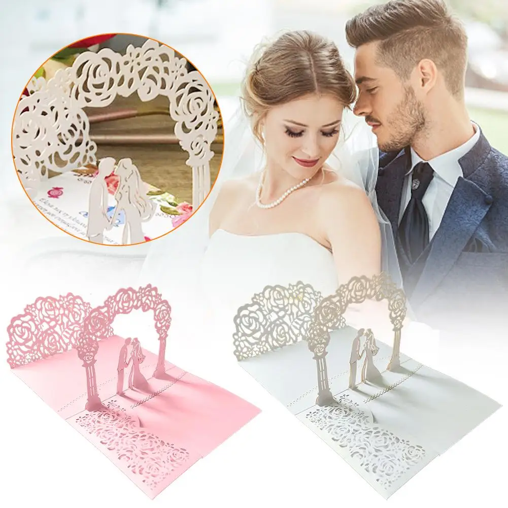 

(10 Pieces/Lot) 3D Pink Up Bride And Groom Wedding Card Blue Card Invitation Greeting White Invites Anniversary Kit Pocket A6Z5