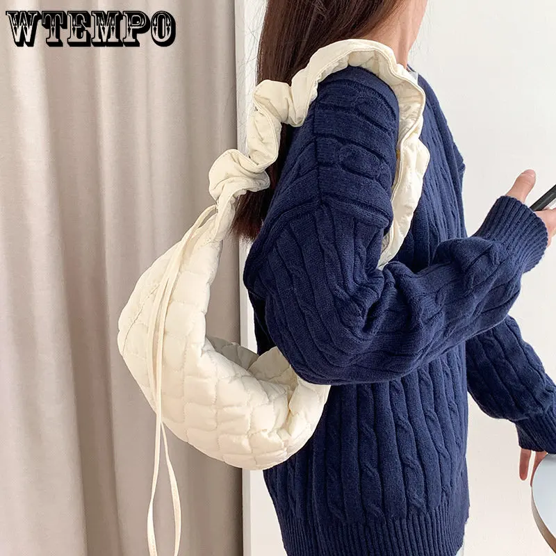 Rhomboid Zipper Women's Shoulder Bag Drawstring Strap Hobos Quilted Padded Handbags Middle Polyester Ladies Crossbody Bag New