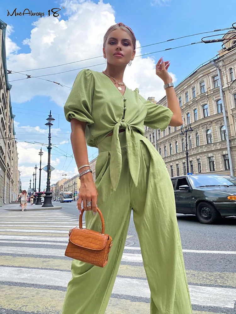 

Mnealways18 Lace-Up Green Women 2 Piece Set Puff Sleeve Crop Tops And Pleated Pantsuit Summer Elegant Outfits V-Neck Female Suit