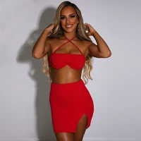 sexy womens outfit summer two piece set halter crop top bodycon mini skirts split short dress bandage beach outfits wear