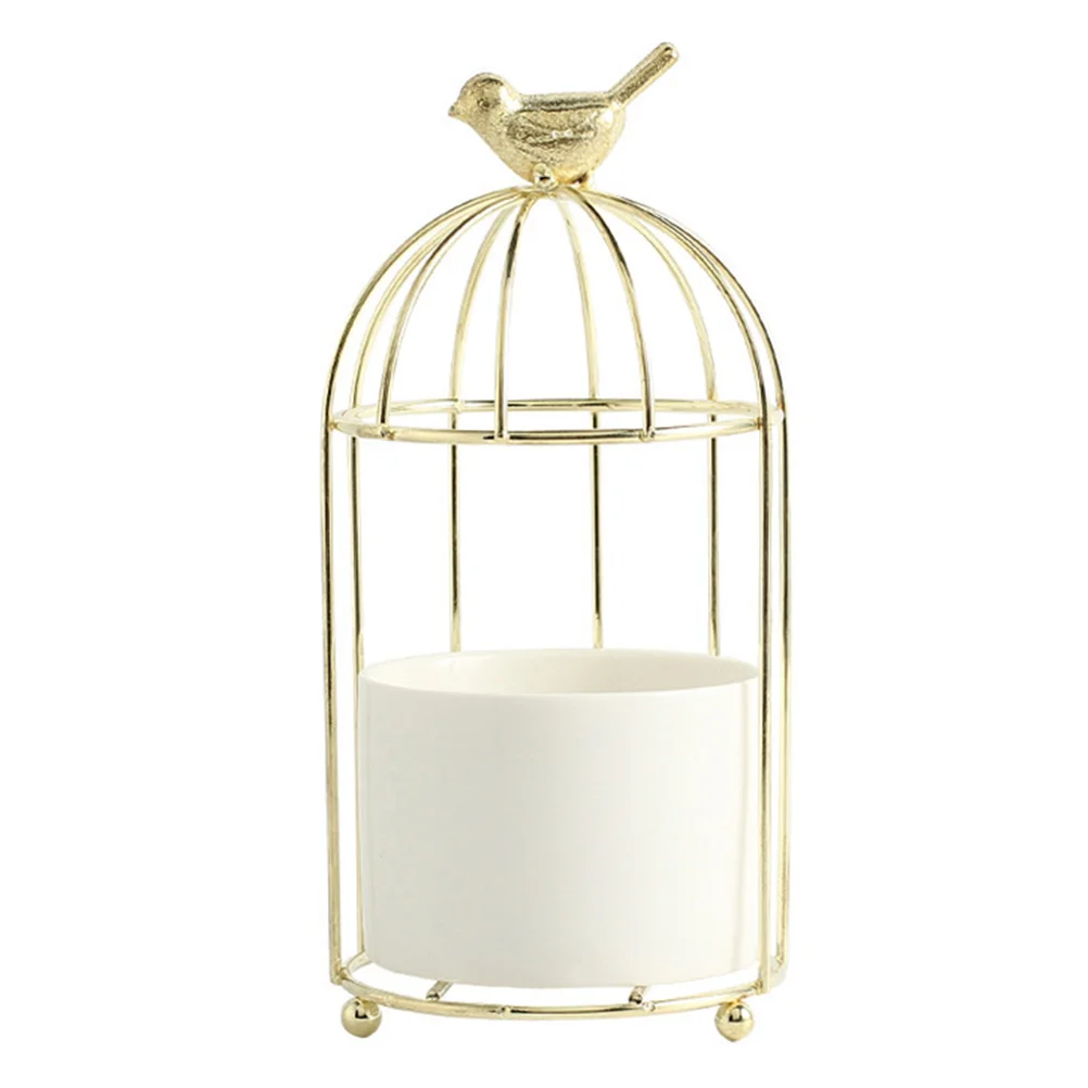 

Green Plant Pot Ceramic Succulent Flowerpot Birdcage Design Iron Rack Flowerpot