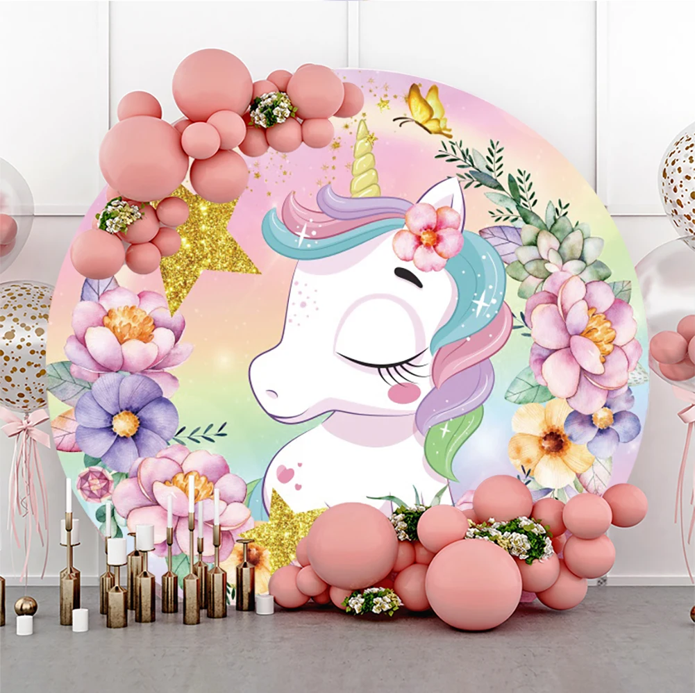 

Floral Flowers Cute Unicorn My Little Princess Round Backdrop Newborn Baby Shower Cake Smash Photography Background Table Decor