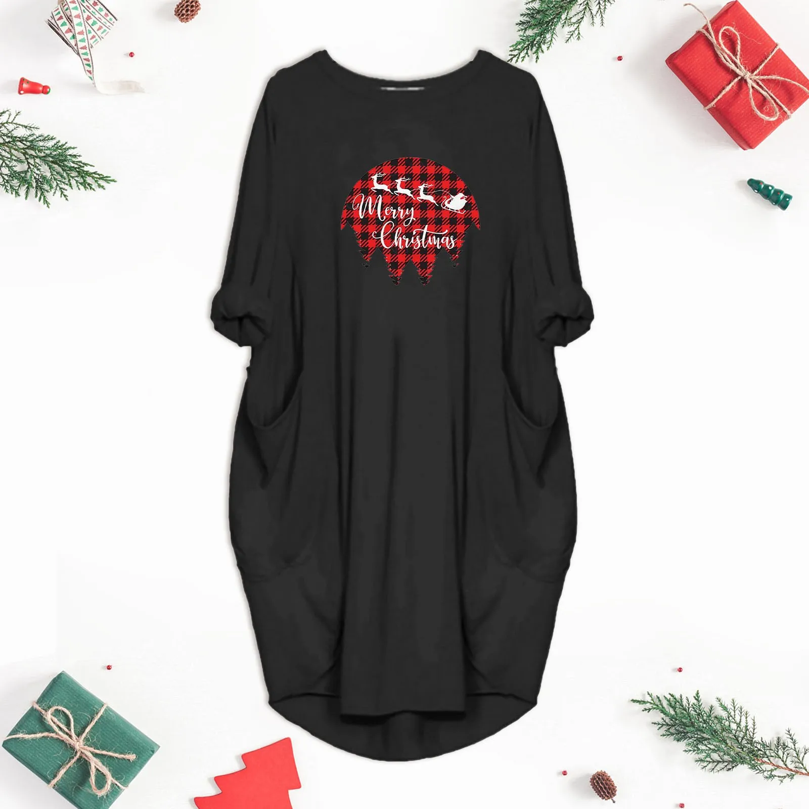 

Рождество графический принт с длинным рукавом платье-туника в стиле кэжуал с карманом для женщин женские открытые платья без рукавов повсе...