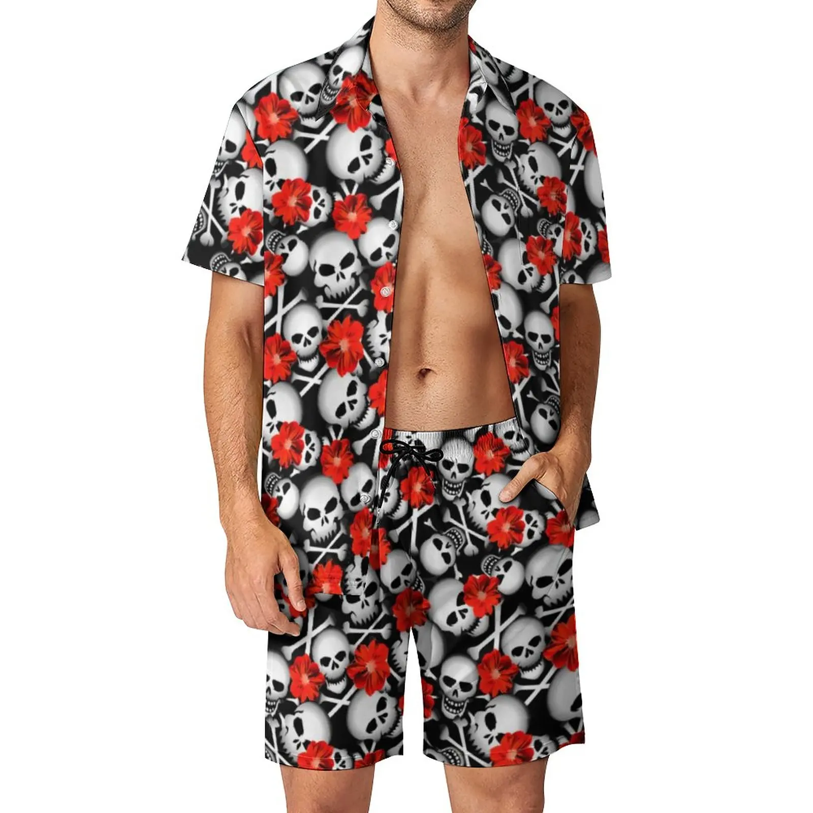 

Sugar Skull Men Sets Red Flowers Print Casual Shorts Summer Vintage Beach Shirt Set Short Sleeve Graphic Big Size Suit Gift Idea