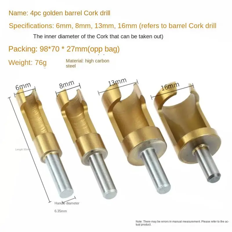 

4pcs/set Barrel Cork Drill Bit Titanium Coated Wood Plug Cutter Drill 6/8/13/16mm Bored Hole Tenon Drills Woodworking Tools