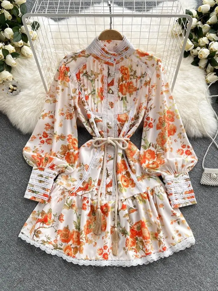 

Spring Summer Holiday Beach Short Dress Women Stand Collar Long Lantern Sleeve Chic Floral Print Lace Trim Sashes Party Vestidos