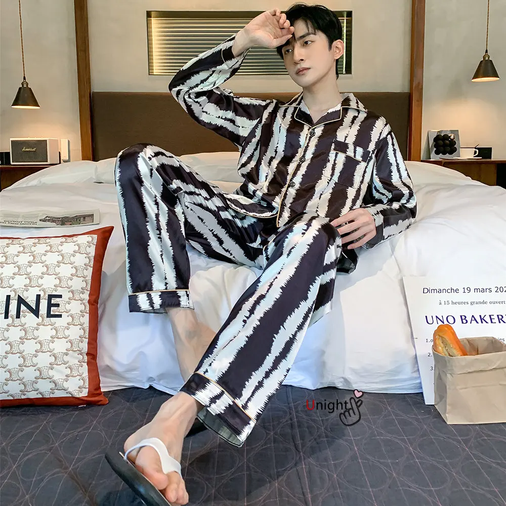 Men Silk Satin Pajamas Sets Long Sleeve Pyjamas Suit Sleepwear Pijama Men Loungewear Plus Size Set L-5XL Sleepwear Set Nightwear