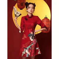 red loose 2022 modern chinese new year dress for girls cheongsam a line dress women 34 sleeve qipao traditional chinese clothes