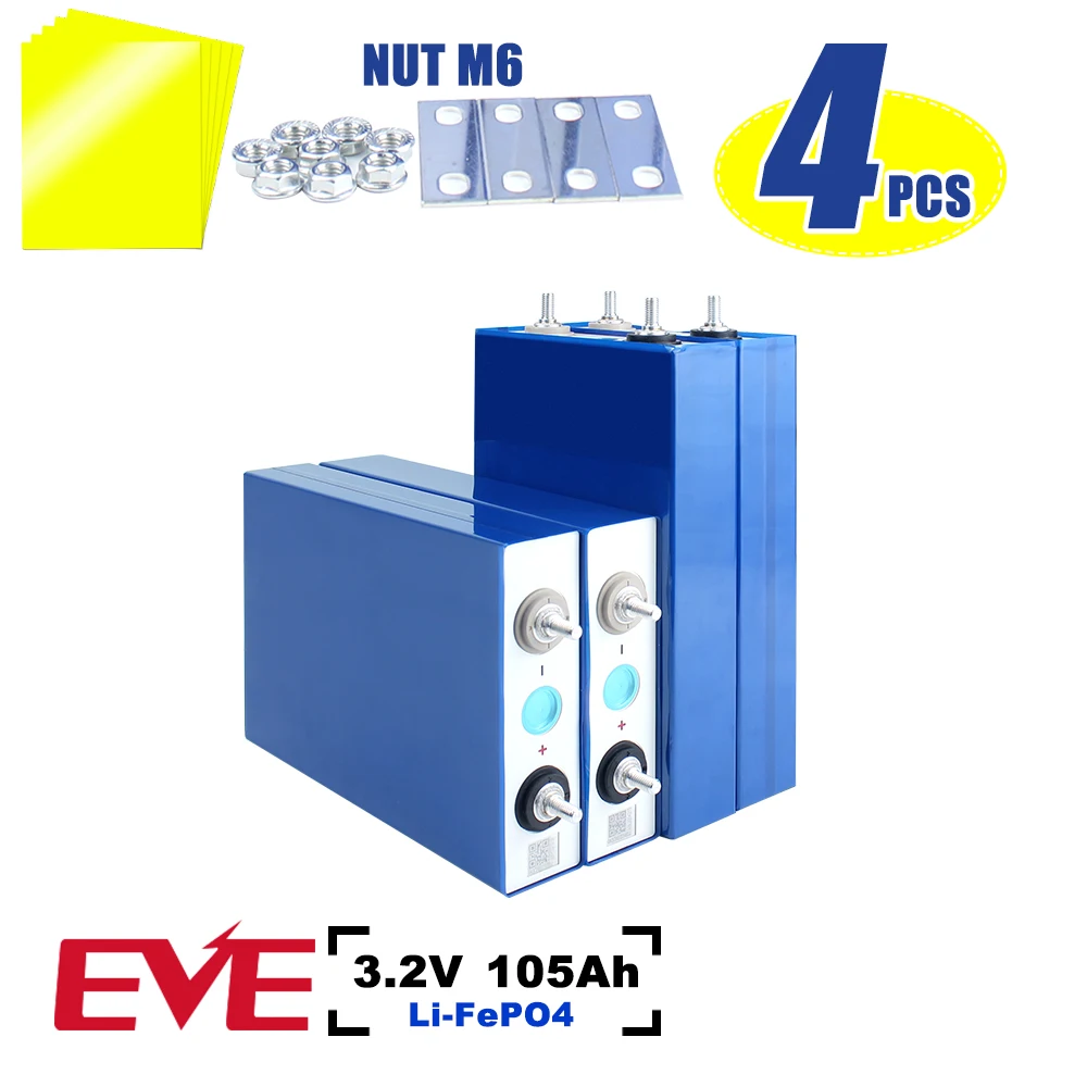Фото Аккумуляторы EVE 3.2V 105Ah Lifepo4, призматические, перезаряжаемые, 4-16 шт., класс А, оригинальные элементы для автомобильной аудиосистемы, солнечных батарей и систем хранения энергии. №1
