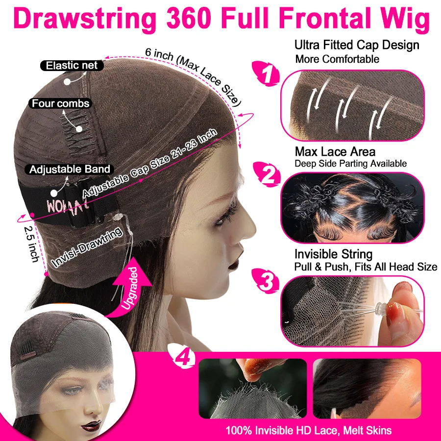 WOWANGEL 360 Full Lace Frontal Body Wave Wig Human Hair Invisi Drawstring Glueless HD Lace Preplucked Natural Hairline For Women (art.: 3920dc28bccbb) - 3920dc28bccbb