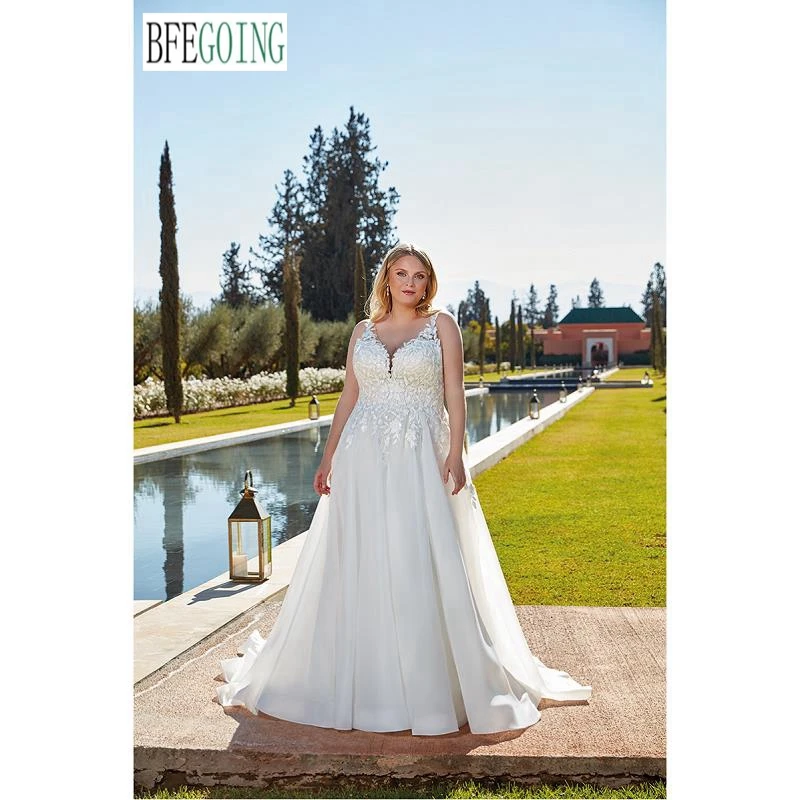 

Ivory Lace Organza V-Neck Plus Size A-Line Wedding Dresses Chapel Train Custom Made Floor -Length Bridal Gowns