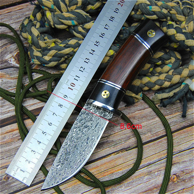 Дамасский сандаловый уличный прямой нож для охоты на открытом воздухе в