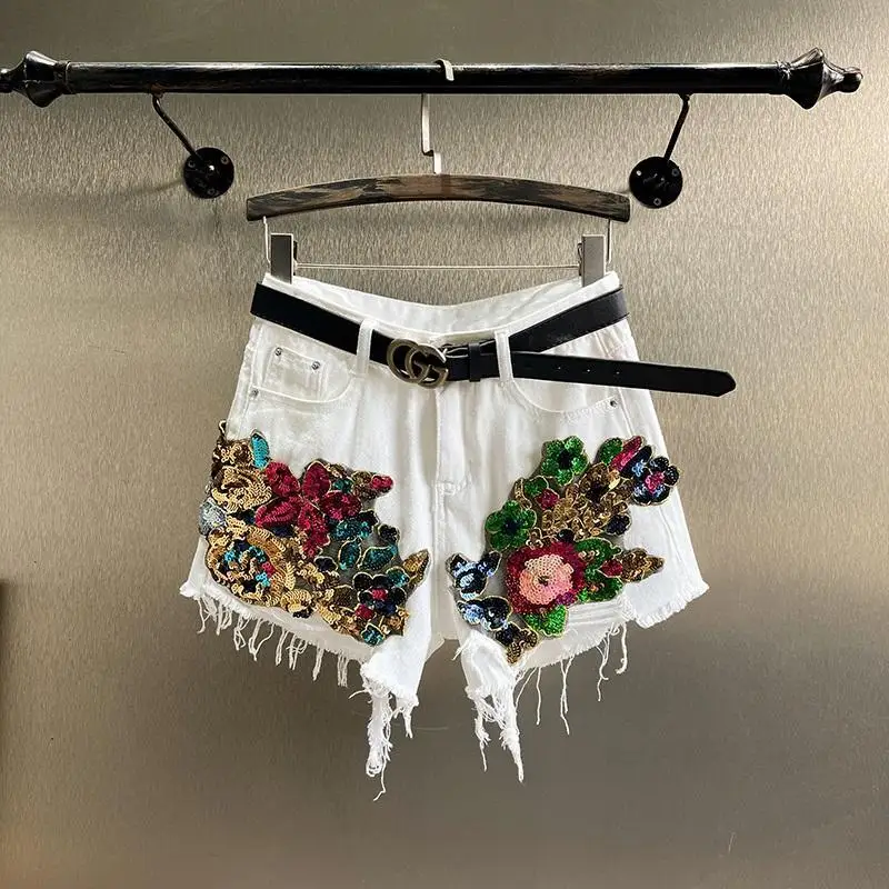 

Tassel Sequins Floral Embroidery White Denim Shorts 2022 New Summer Fashion High Waist Loose Straight Shorts Wide Leg Hot Shorts