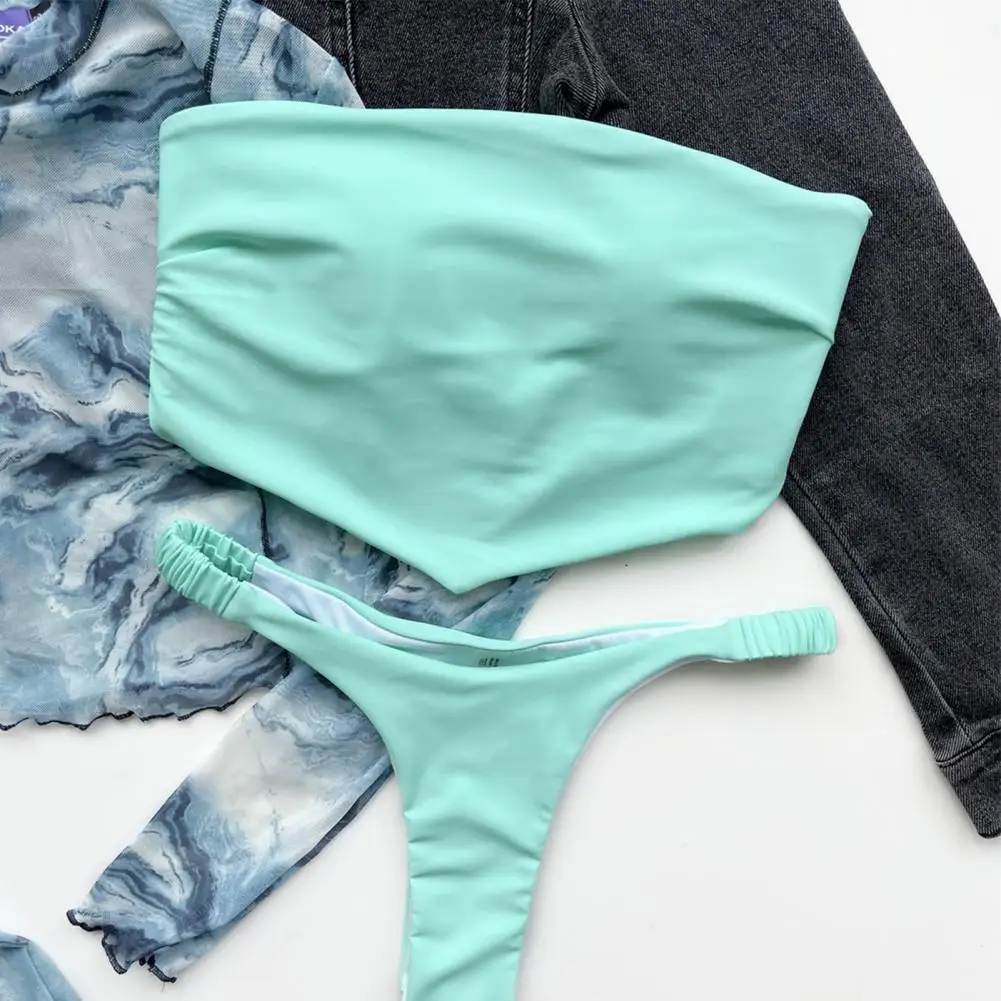 

Wire Free Stretchy Off Shoulder Bra Tummy Control Briefs Bikini for Vacation