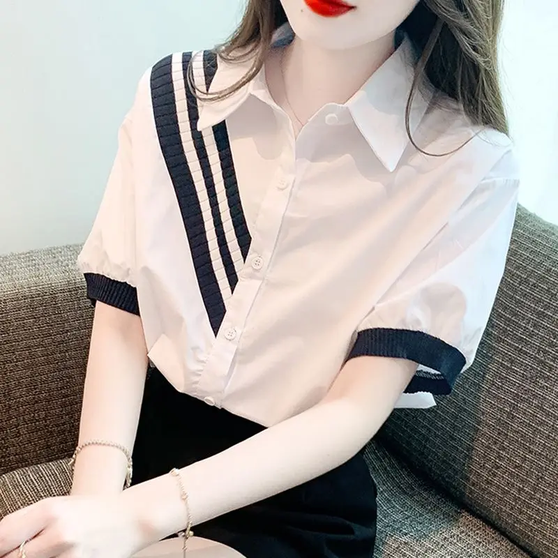 

Fashion All-match Contrast Color Turn-down Collar Shirt Women Summer Korean Casual Short Sleeve Button Blouse Female Clothing