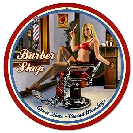 

Pinup Girl Barber Shop 12" Round Tin Sign Nostalgic Metal Sign Fun Retro Decor