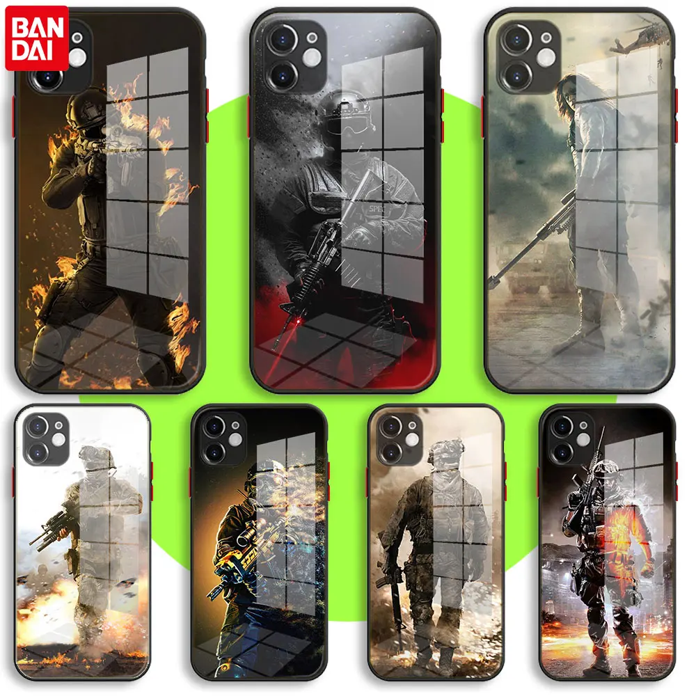 

BANDAI Black Soft Glass Case For iPhone 13 11 12 Mini Pro Max XS XR X 7 8 6 Plus SE2 Silicone Protection Cover Solider