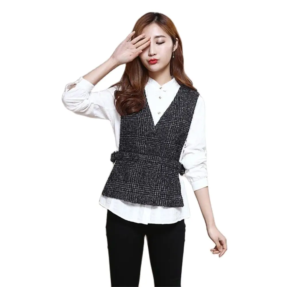 

Korean Slim Spring 40% Woolen Suit Women Elegant Striped Belt Sleeveless Outerwear Female Blazer Femme Waistcoat Gilet S-5XL