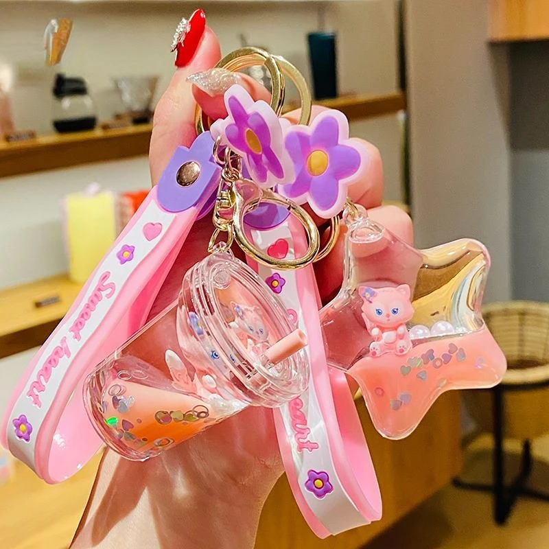 

Cute Dreamy Blue Bunny Rabbit Quicksand Liquid Keychain Animal Oil Floating Wishing Bottle Pendant For Girl Women Gift Keychains