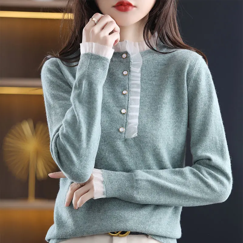 

New Elegant Fashion Chic Sweet Lace Sweaters Patchwork Korean Solid Top Women Loose Casual Pullovers Knitted All Match Jumpers